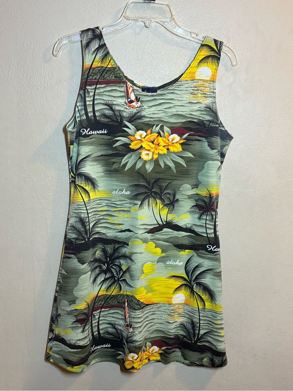 Vintage Royal Creations Hawaiian Palm Tree Sunset Aloha Floral Tank Mini Dress